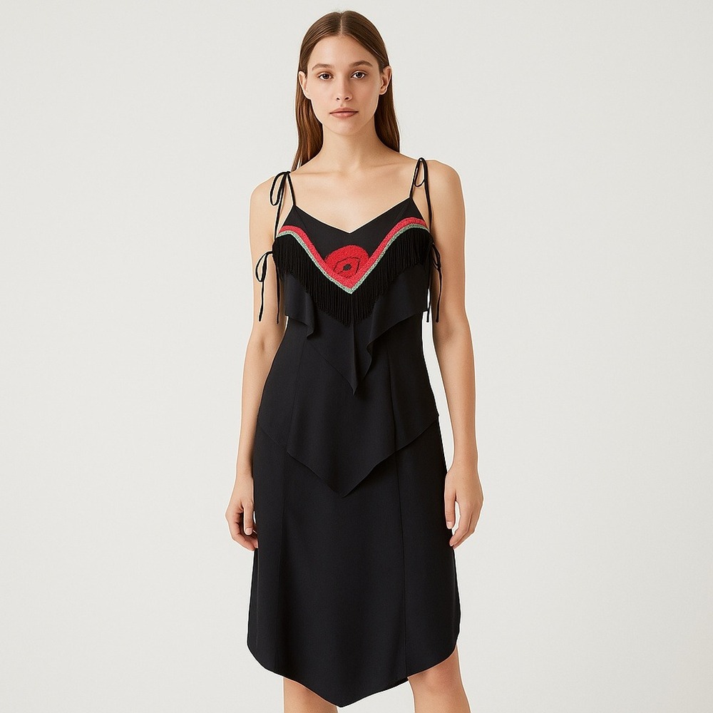 YOUNG EDWARDIAN by Arpeja 70s Black Sheer Tiered‎ Fringe Floral Maxi Dress